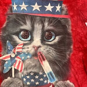 Patriotic USA Kitten Cat Subtle Tie Dye Short Sleeve Tee Shirt Crew Neck Small